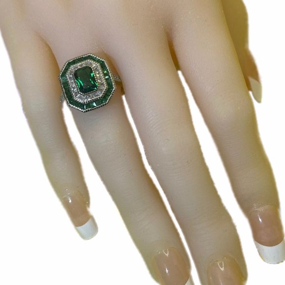 Art Deco FAUX Emerald & Diamond Ring - Size 5 thru 8 - Picture 3 of 9